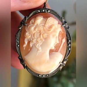 Antique Shell Cameo and 800 Silver Pin or Pendant Necklace